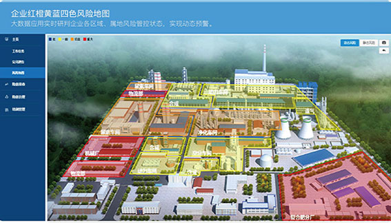 企業(yè)風險分級四色分布圖，動態(tài)展現(xiàn)風險管控結(jié)果，安全隱患實時提醒，風險管控狀況及時預(yù)警。